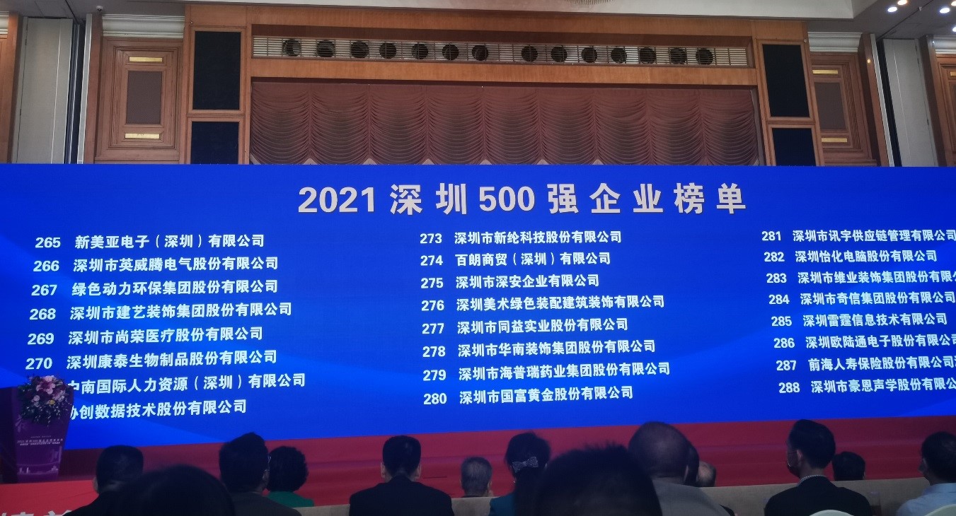 太阳集团官网上榜2021深圳企业500强